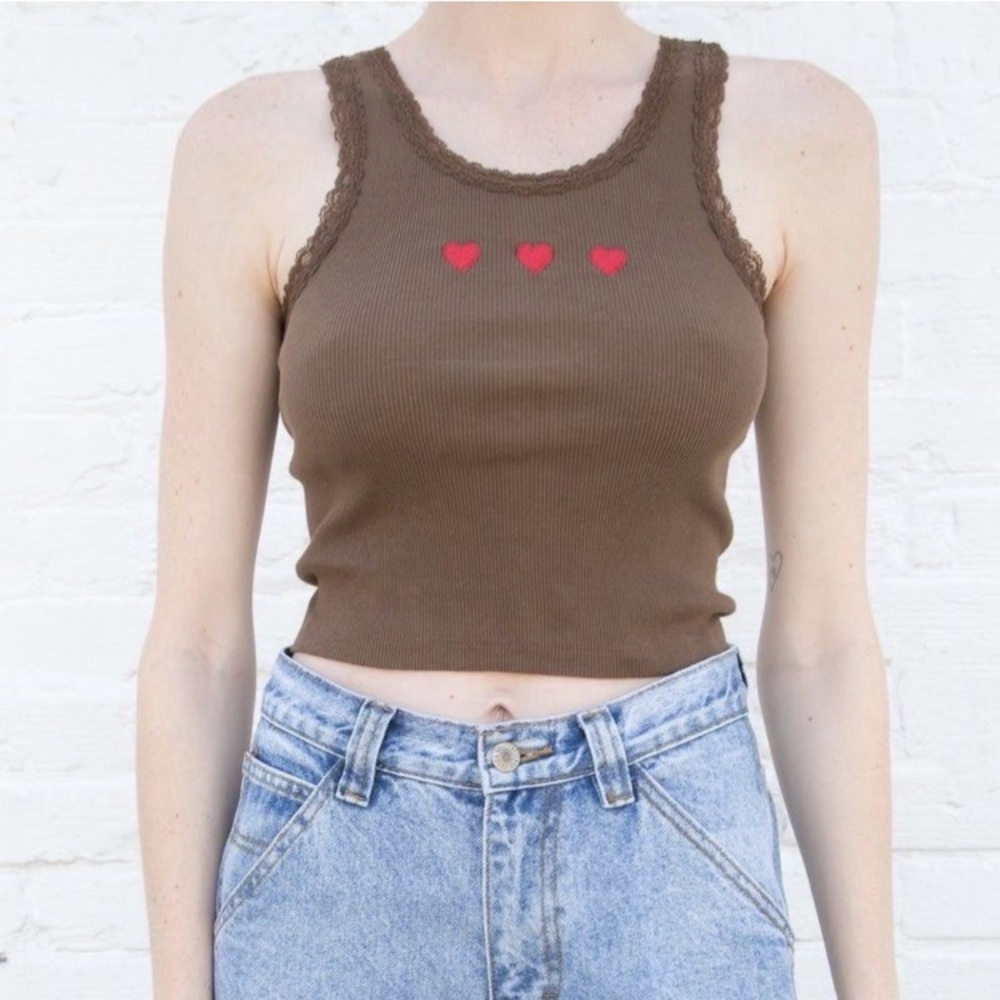 Like New Brandy Melville-John Galt Brown/Red Embroidered Heart Tank- Onesize